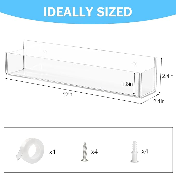 VAEHOLD Adhesive Acrylic Spice Rack with Nano Double Sided Tape Wall Mount Organizer Clear Wall Spice Rack With Shelf Ends for Kitchen Cabinet Door - 2 Pack 12‘’ Shelves