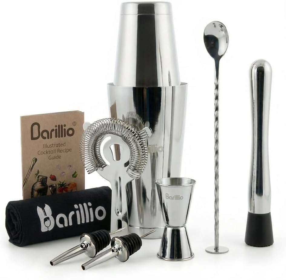 Boston Shaker Set - Stainless-Steel, Weighted, Martini Cocktail Shaker Set w/Strainer & Mixer - Mixology Bartender Kit - Bar Set for the Home - 9-pc Drink Shaker Set - Bar Tools - Silver