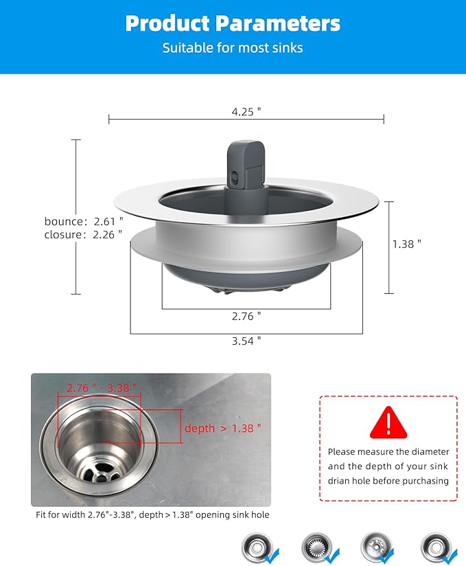 Hibbent 3 in 1 Kitchen Sink Drain Strainer and Stopper Combo, Chrome Stainless Steel Wraped Shell, Anti-Clogging Basket Strainer with Foldable Handle for US Standard 3-1/2" Drain