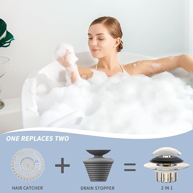 Universal 3 in 1 Bathtub Drain Stopper Bathtub, Pop-up Tub Stopper with Effective Filter Basket, Anti-Clogging Bathtub Drain Plug Bath Tub Stoppers for 1.45-1.8" Drain Shoe, Brushed Nickel