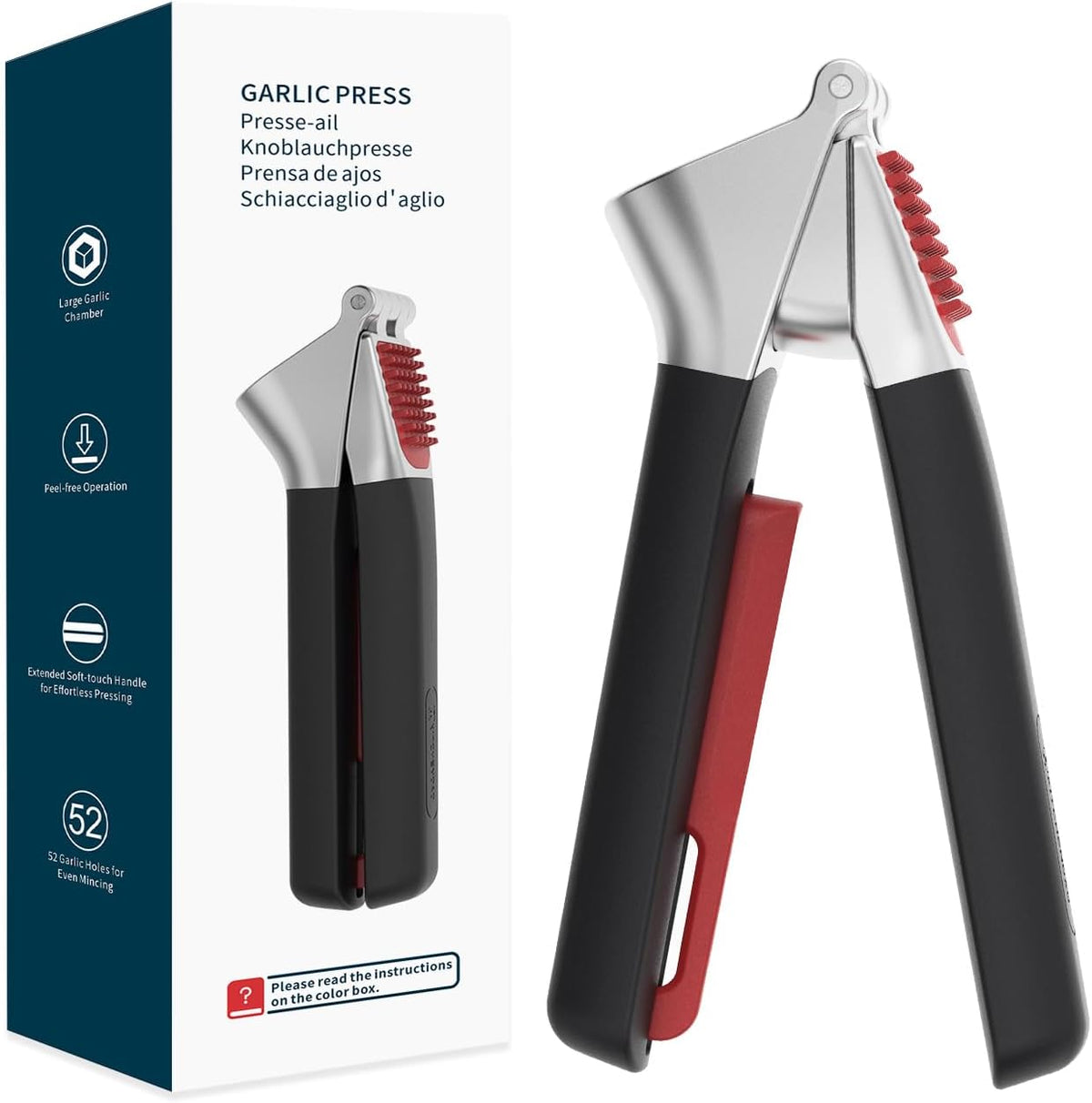 Heavy Duty Garlic Press with Built-in Scraper & Cleaning Pusher