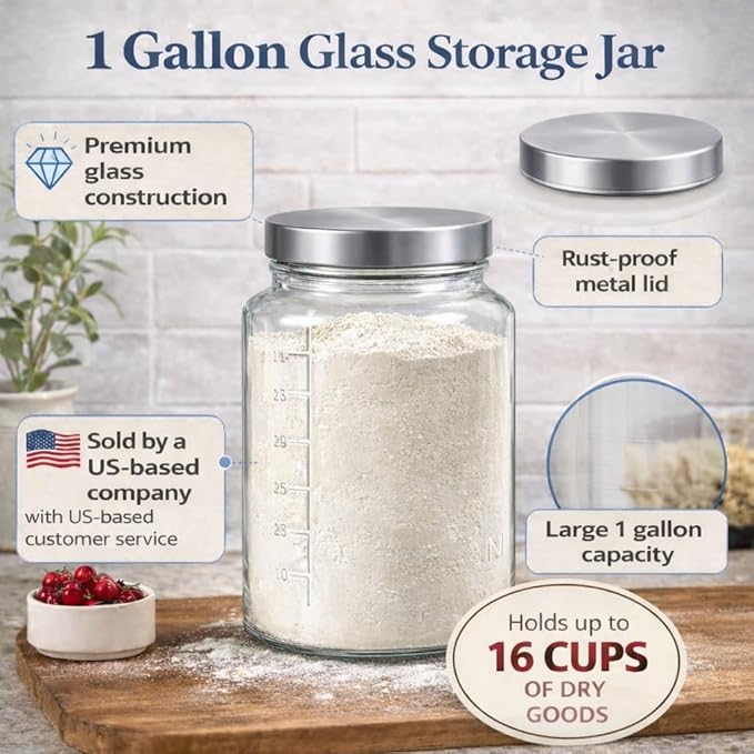 Kitchentoolz Extra Large Mason Jar - 1 Gallon Glass Wide Mouth Jar with Airtight Metal Screw on Lid, Food Storage Container with Measurement Marks For Kitchen Pantry, Pickling, Flour & Sugar Pack of 1