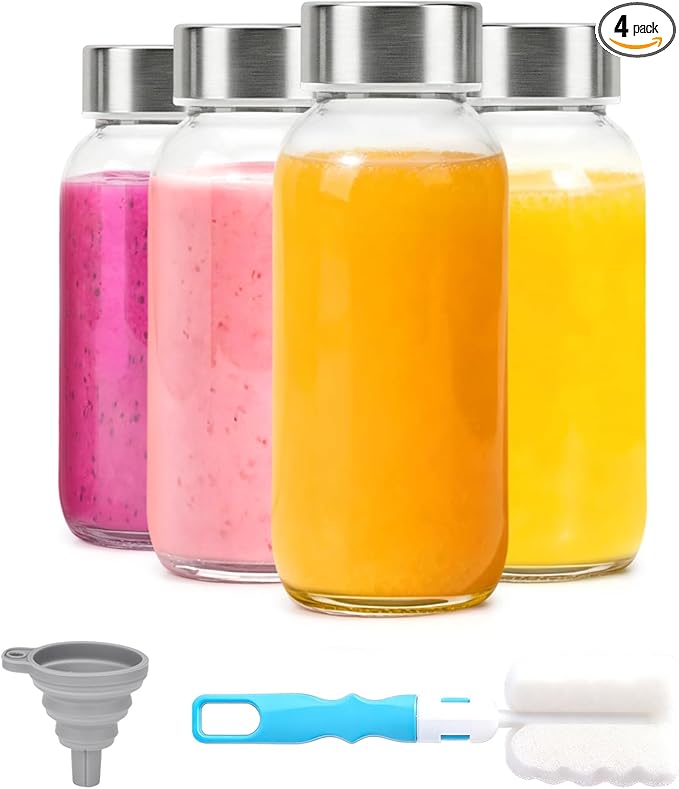 Luxfuel 8 oz Glass Water Bottles with Lids, 4 Pack Small Glass Juice Bottles with Stainless Steel Caps & Funnel, Leak-Proof Containers for Juicing, Milk, Ginger Shots, Smoothies, Wellness Drinks