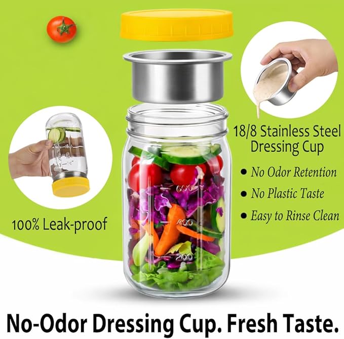 KTKUDY 2 Pack 32 oz Glass Salad Jars with Dressing Cups (Pod) - Meal Prep Salad Container for Lunch - Leakproof Mason Jars with Lids