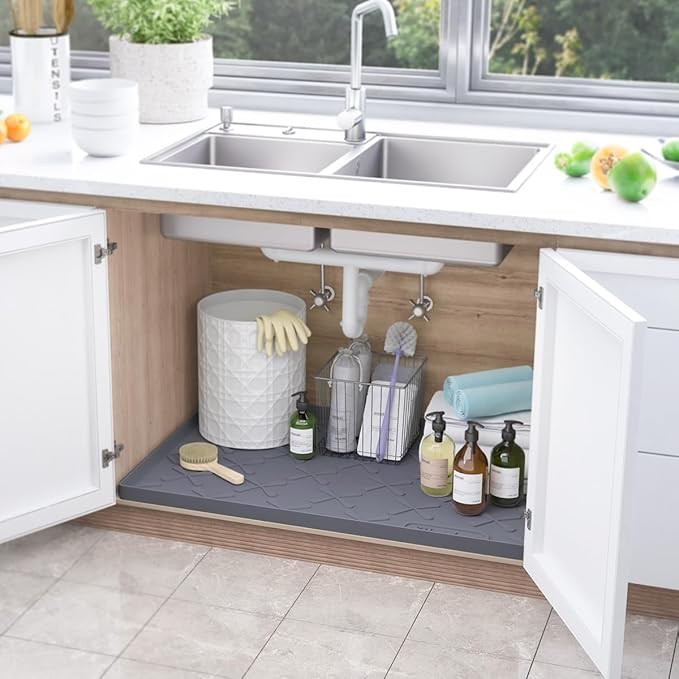 SIKADEER 25" x 22" Under Sink Mat Waterproof, Silicone Mat Kitchen Drawer Shelf and Cabinet Liner, Sink Protector for Kitchen Organizers and Storage, Boot Tray Pet Food Mats