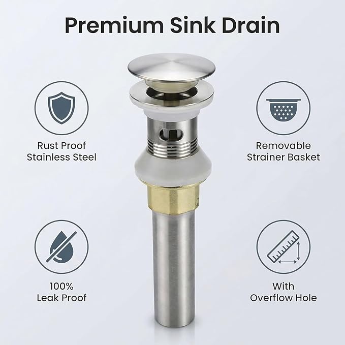 Bathroom Sink Drain, Drain Stopper Bathroom Sink with Overflow, Assembly with Detachable Strainer Basket, Built in Anti Clogging Pop Up Drain Strainer, Stainless Steel Brushed Nickel 1Pcs