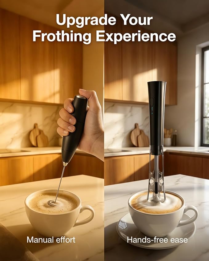 Milk Frother Handheld Rechargeable, Low Noise Frother Wand with Hands-Free Stand, Dual Coil Milk Frother for Coffee, Latte, Cappuccino & Matcha for Thick Creamy Foam, Anti-Accidental Start Design