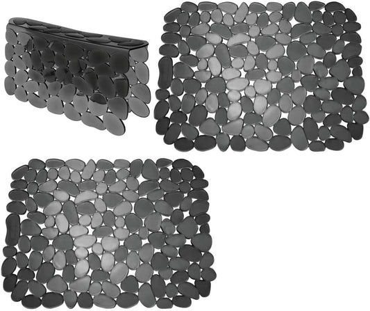 Adjustable Kitchen Sink Dish Drying Mat/Grid - Soft Plastic Sink Protector, Cushions Sinks, Dishes - Quick Draining Pebble Design - Includes 1 Saddle, 2 Large Mats - Set of 3 - Black