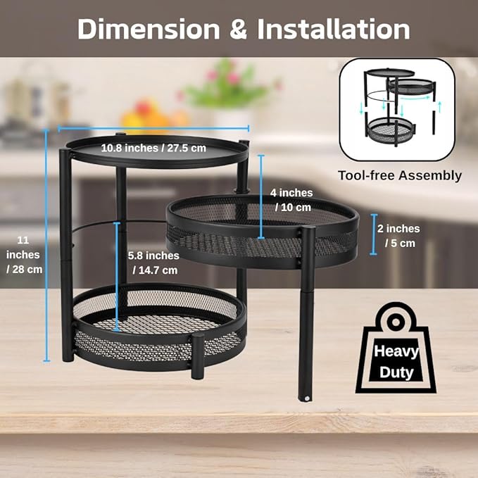 IBERG 3 Tier Spice Organizer with Rotating Middle Tier, Space Saving Kitchen Countertop Rack, Metal Pantry Organizer for Spices, Jars & Seasoning (Black)