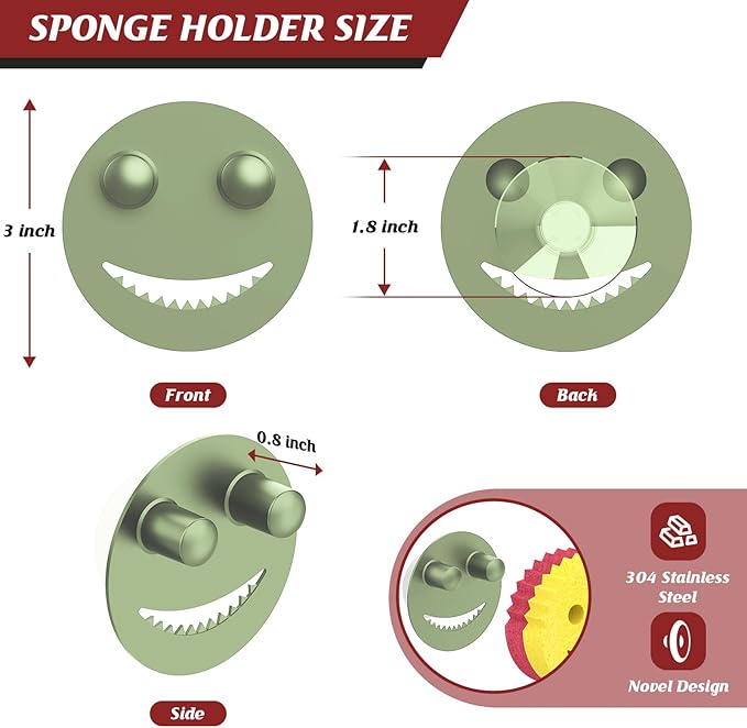 Kontoyo Sponge Holder for Kitchen Sink,Sink Caddy Organizer with Suction Cup Installation for Kitchen/Bathroom, Self Draining,Sponge Caddy for Holding Smiley Sponges-Green