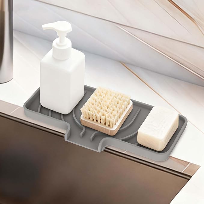 GUUKIN Sponge Holder for Kitchen Sink, Sink Caddy and Soap Tray | 10x4 inch Kitchen Sink Organizer | Compatible with Scrub Daddy, Kitchen Sink Accessories (Grey)