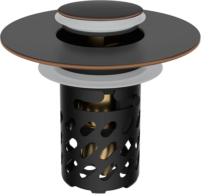 iFealClear All Metal Bathroom Sink Stopper, Pop Up Sink Drain Strainer with Removable Stainless Steel Filter Basket, Universal for 1.1"-2.36" Sink, Brass Bounce Core, Hair Catcher, Oil Rubbed Bronze