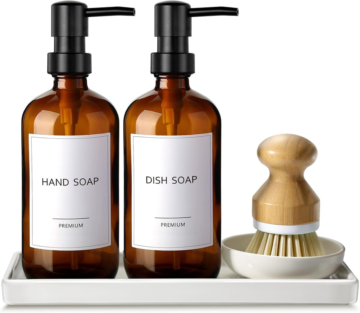 Dish Soap Dispenser, 16 Oz Kitchen Soap Dispenser Set with Ceramic Tray & Bamboo Brush, 2 Pack Thick Amber Glass Soap Dispenser, Farmhouse Refillable Hand and Dish Liquid Soap Pump Bottle Set
