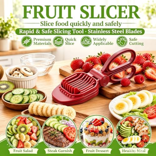 Fruit Slicer, Egg Slicer for Hard Boiled Eggs, Fruit Cutter for Strawberry, Banana, Kiwi, Rapid & Safe Slicing Tool,304 Stainless Steel Blades, ABS Material (Red)