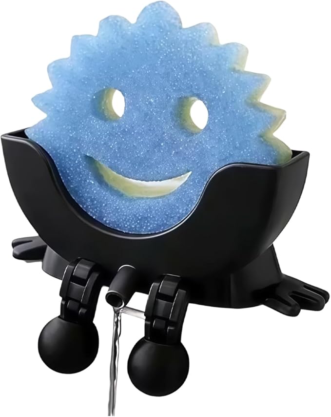 Cute Hanging Sponge Holder,Smiley Face Sponge Holder with Drainage Keeps Your Sponge Dry & Smiling,For Scrub Daddy Holder,Spac-Saving & Quick Drying Sponge Storage Organizer (black)