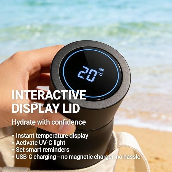 AquaSync Smart Self-Cleaning Water Bottle 17oz Vacuum Insulated Stainless Steel with UV-C Light Technology LED Temperature Display & USB-C Rechargeable Battery