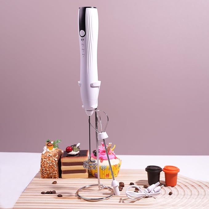 Rechargeable Milk Frother Handheld with Stand, Coffee Foam Frother Wand, Detachable Stainless Steel Whisk Drink Mixer for Coffee, Cappuccino, Lattes, Frappe, Matcha,Egg and Hot Chocolate, White