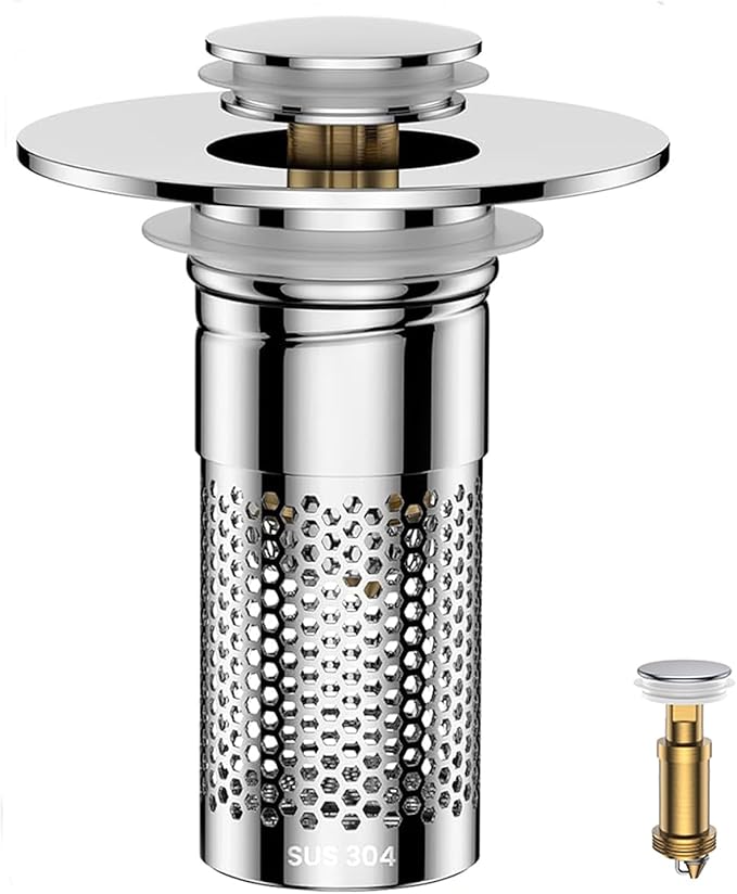 Bathroom Sink Drain Strainer,Universal Pop-Up Sink Stopper Hair Catcher, Anti-Clog Stainless Steel Drain Filter Basket, Removable Sink Drain for Bathroom Sink Stopper