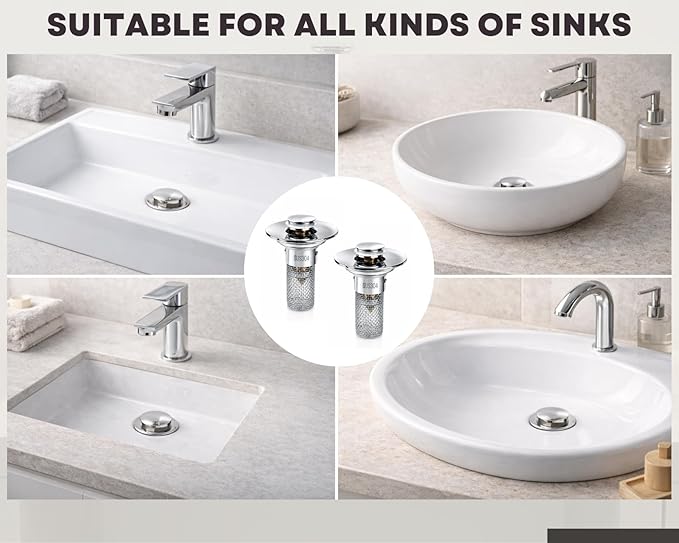 2Pcs Bathroom Sink Drain Strainer, 304 Stainless Steel Drain Filter, Pop Up Bathroom Sink Drain with Hair Catcher Fits 1 1/4" to 1 1/2" US Bathroom Sink Stopper Replacement