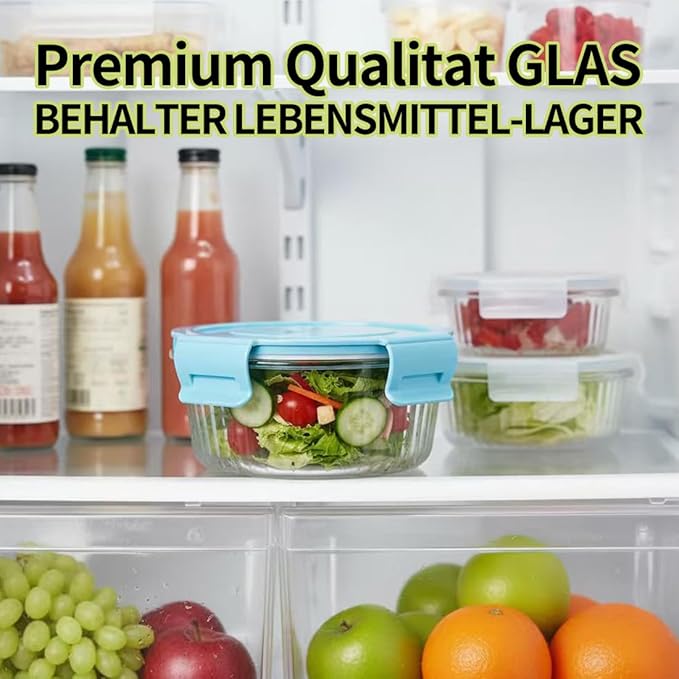 12oz Round Glass Food Storage Containers with Lids and Foldable Cutlery, 1.5 cup Round Glass Lunch Containers, Small Food Bowls for Office, School, Outdoor, Microwave, Freezer Safe -4 Pack