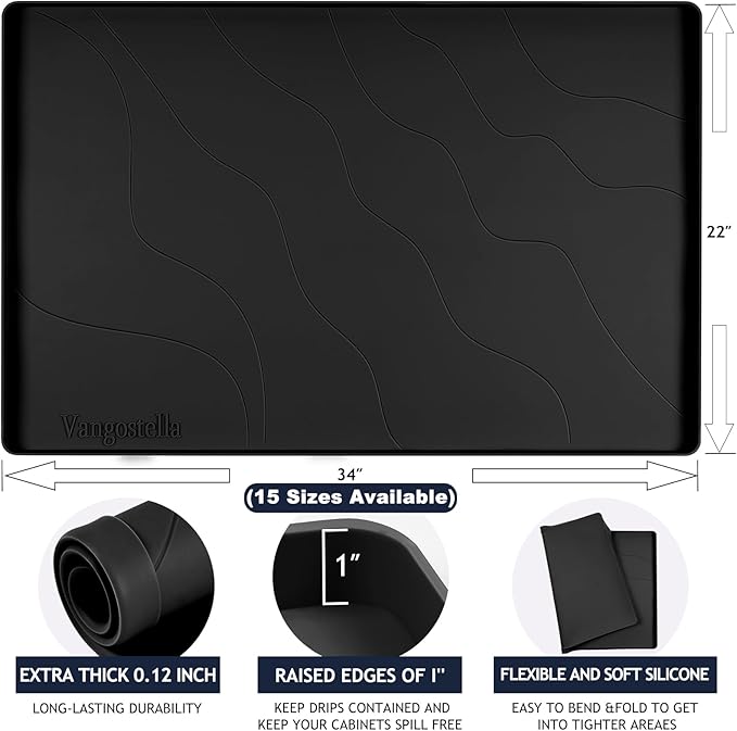 Heavy Duty Silicone Under Sink Mats for Kitchen Waterproof 40" x 22", Extra Thick Under Sink Rubber Mat Drip Tray, Raised Edge Under Sink Liner,Prevent Drips, Leaks, Spills,Black