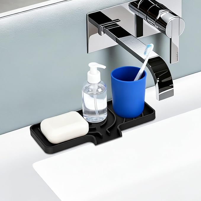 Silicone Sponge Holder for Kitchen Sink With Drain Spout, Self Draining, Kitchen Soap Tray, Bathroom Organizer, Sink Caddy (Black, 10×4)