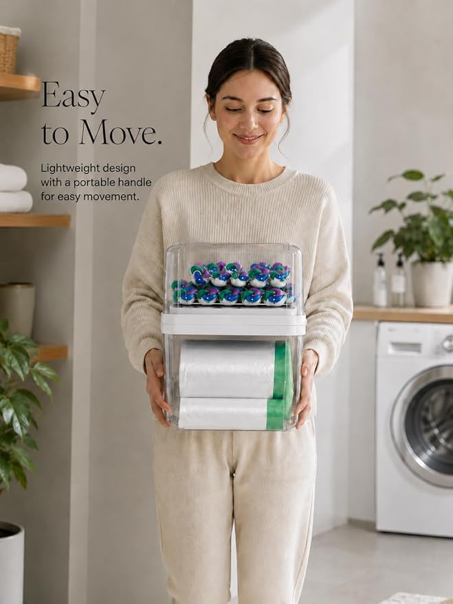 Trash Bag Dispenser & Dishwasher Pods Organizer, Clear Acrylic Garbage Bag Holder Under Sink Organizer With Removable Lid, Laundry Pods Container for Kitchen Pantry Laundry Room