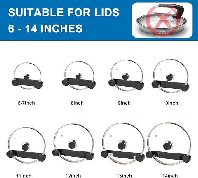 New Upgrade 4 Pack Adjustable Pot Lid Holder, Lid Organizer Fits 6" to 14" Lids