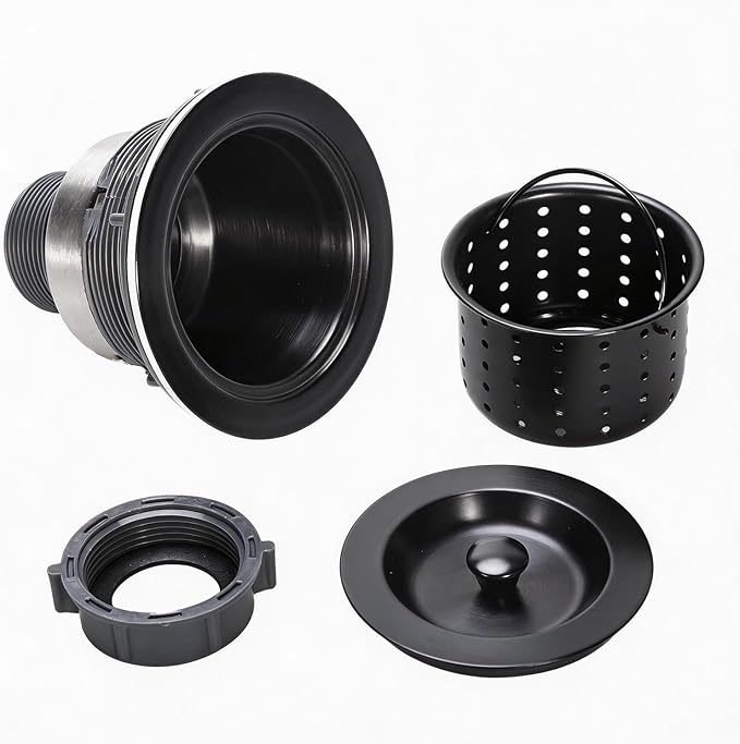 Kitchen Sink Drain 3-1/2 Inch Black Sink Drain Assembly Kit, Removable Deep Sink Strainer Basket with Sink Stopper/Sealing Lid for Home, Kitchen, Stainless Steel