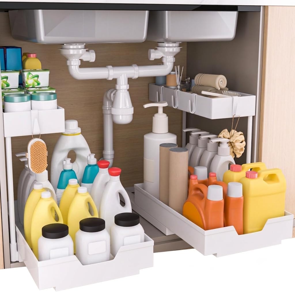 2-Tier Under Sink Organizers and Storage 2 Pack Sliding L-shape Under Cabinet Organizers For Narrow Space Multi-purpose Sink Organizer for Bathroom Kitchen Drawer(White 2 Pack)