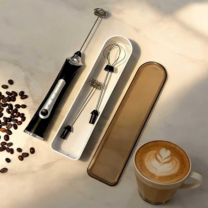 Handheld Electric Milk Frother with 2 Heads, Coffee Whisk Foam Mixer with USB Rechargeable 3 Speeds, Foam Maker Blender for Latte, Cappuccino, Hot Chocolate, Egg (Black with 2Head+Box)