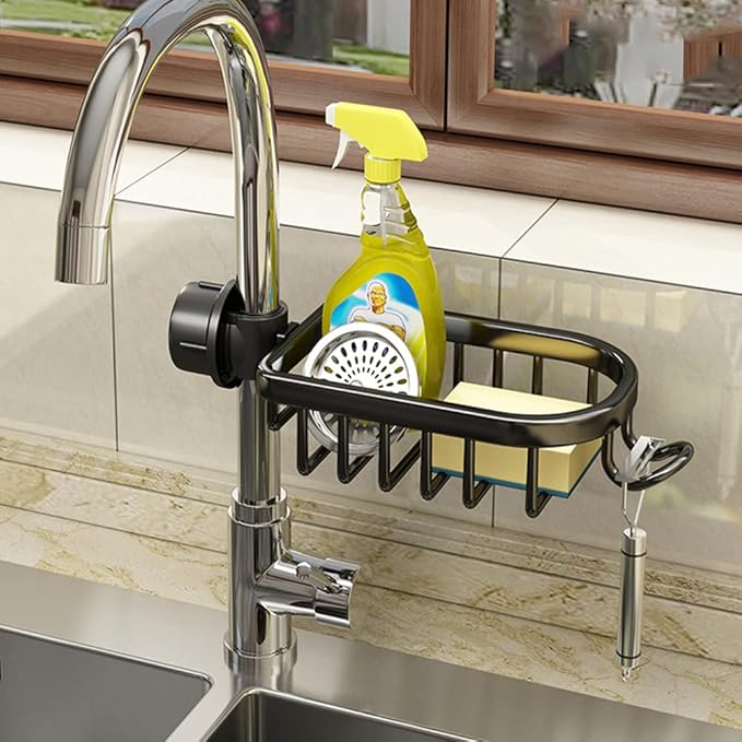 Faucet Sponge Holder Kitchen Sink Caddy Organizer Over Faucet Hanging Drain Rack (Normal, Black)