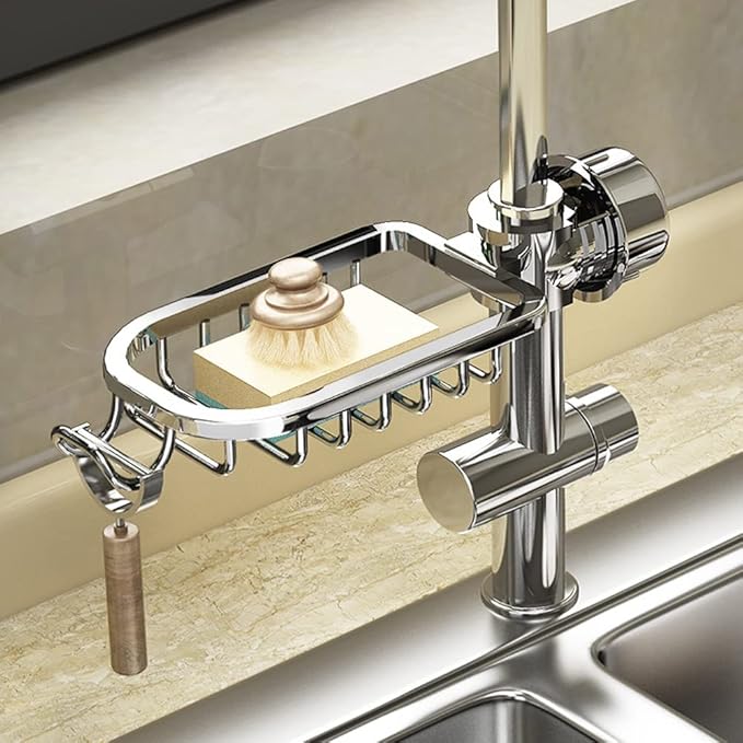 Faucet Sponge Holder Kitchen Sink Caddy Organizer Over Faucet Hanging Drain Rack (Normal, Silver)