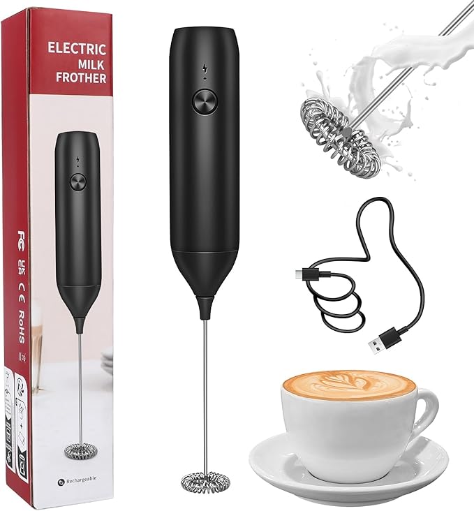Milk Frother Handheld Rechargeable, Frother Wand and Drink Mixer for Coffee, Electric Whisk and Stirrer for Latte, Cappuccino, Matcha, Hot Chocolate, Protein Powder