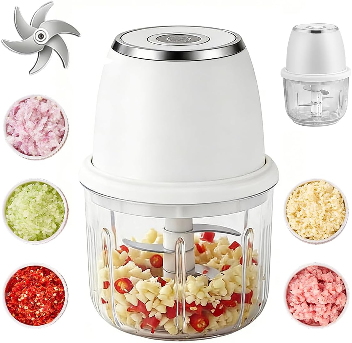 Electric Garlic Chopper, 2026 Upgraded Mini Food Processor 350ml, Cordless USB Rechargeable Food Chopper with 6 Stainless Steel Blades & Thickened Glass for Garlic Ginger Nuts Meat (350ml-White)