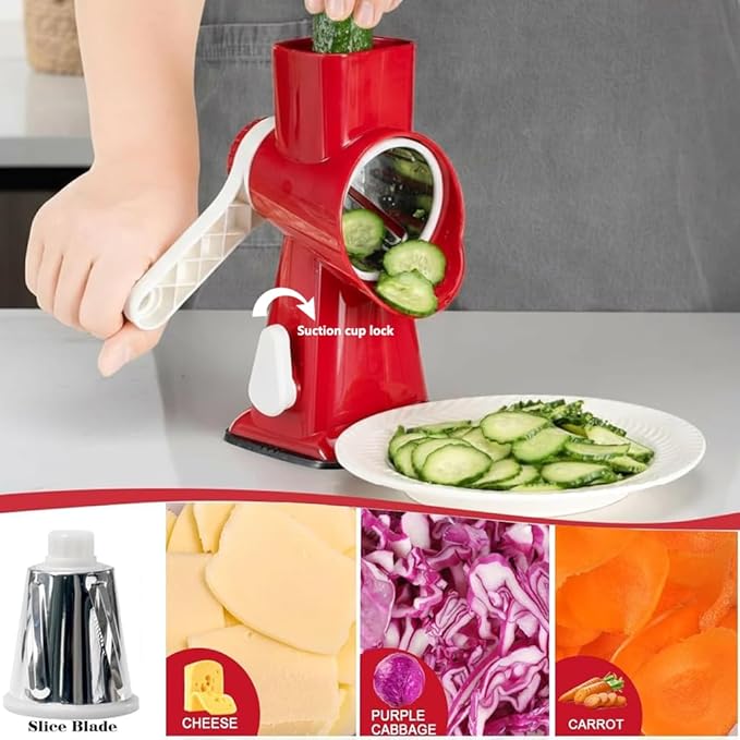 YOUCZON Rotary Cheese Grater Multi-Purpose Stainless Steel Cheese Shredder - Cheese Grater With Handle Effortless Grating of Carrots, Potatoes, Vegetables, and Fruits (Red)