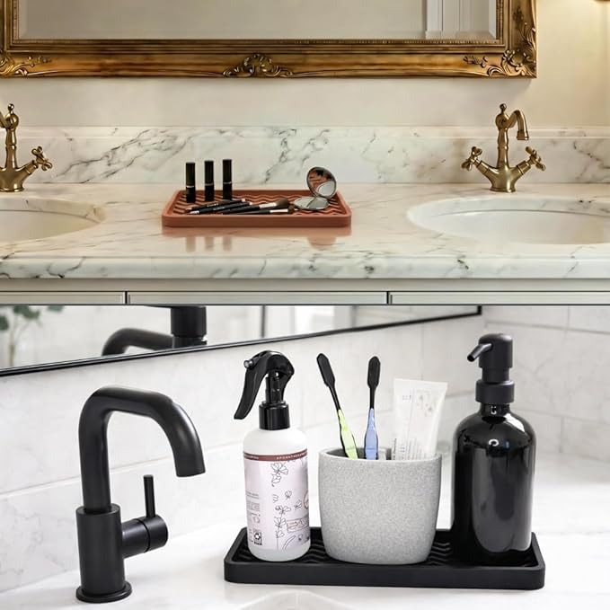 Silicone Sink Organizer Tray, Rectangular, Modern Style, Heat Safe, Dishwasher Safe, for Bathroom and Kitchen Organization (White, 12"x4", Chevron Pattern)