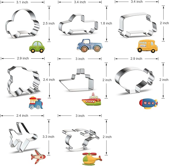 Travel Cookie Cutter Set 8-Piece Transportation and Vehicles Cookie Cutters with Car, Airplane, Train, Bus, Helicopter, Vintage Truck, Airship, Cruise Ship Shapes Biscuit Molds for Kids Baking Party