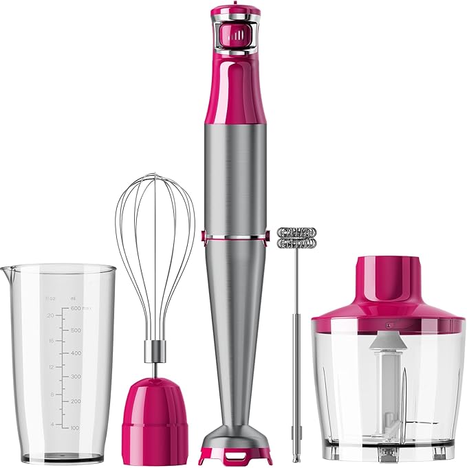 Turelar Immersion Blender Handheld Corded Hand Blenders Set 1100W, Trigger Variable Speed 5 in 1 Stick Emulsifier with Chopper, Whisk and Frother for Soup, Baby Food and Smoothies, Rose Red