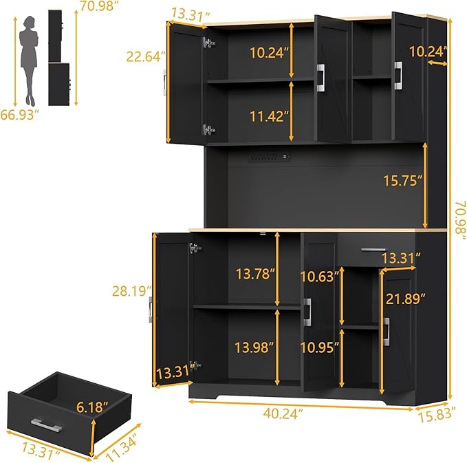 71" Pantry Cabinet,Kitchen Pantry Storage Cabine with Power Outlet,Farmhouse Kitchen Hutch Pantry Cabinet, Tall Hutch with Adjustable Shelf & Door,Food Pantry Storage for Dining Room,Kitchen (Black)