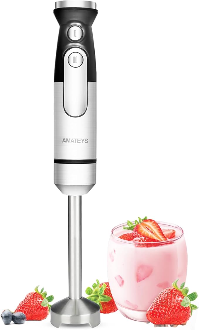 Amateys Handblender with Plug,Immersion Blender Handheld, Heavy-Duty Copper Motor, Detachable Stainless Blade Dishwasher Safe, 2 Modes with Pulse,Infinitely Variable Speed, Space-Saving Design