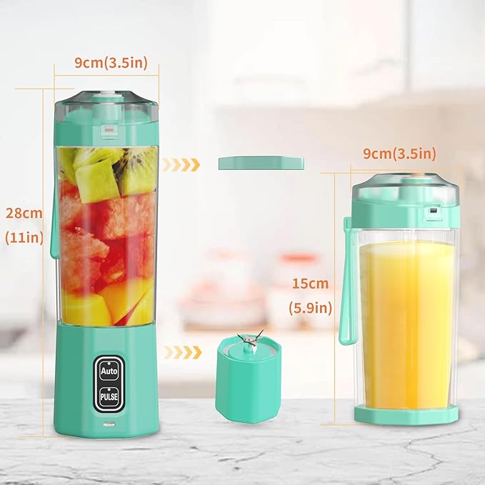 Portable Blender, 360 Watt Personal Blenders with Pulse Mode, Shakes and Smoothies, 6000mAh, BPA Free 24 Oz Blender Cup with 6 Blades and Lid, USB-C, Self Cleaning Portable Juicer, Light green