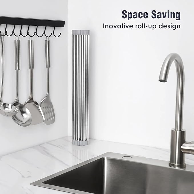 Over-The-Sink Roll Up Dish Drying Rack, 18.5" x 13.5" Foldable Stainless Steel Dish Drainer Mat, Sink Cover & Heat-Resistant Kitchen Organizer (Grey)