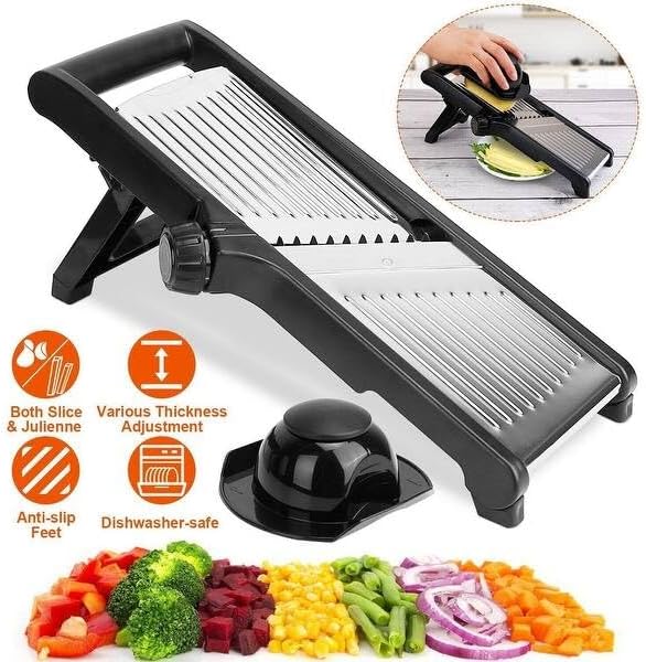 Adjustable Stainless Steel Mandoline Slicer for Kitchen – Sharp & Durable Vegetable and Fruit Cutter with Non-Slip Grip, Safety Gloves, Cleaning Brush – Easy-Clean & Dishwasher-Safe - Image 3