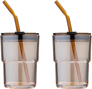 13oz/400ml Glass Tumbler Water Cup with Straw and Lid, Sealed Carry on for Coffee, Iced Tea, Thick Wall Insulated Amber 2-Pack