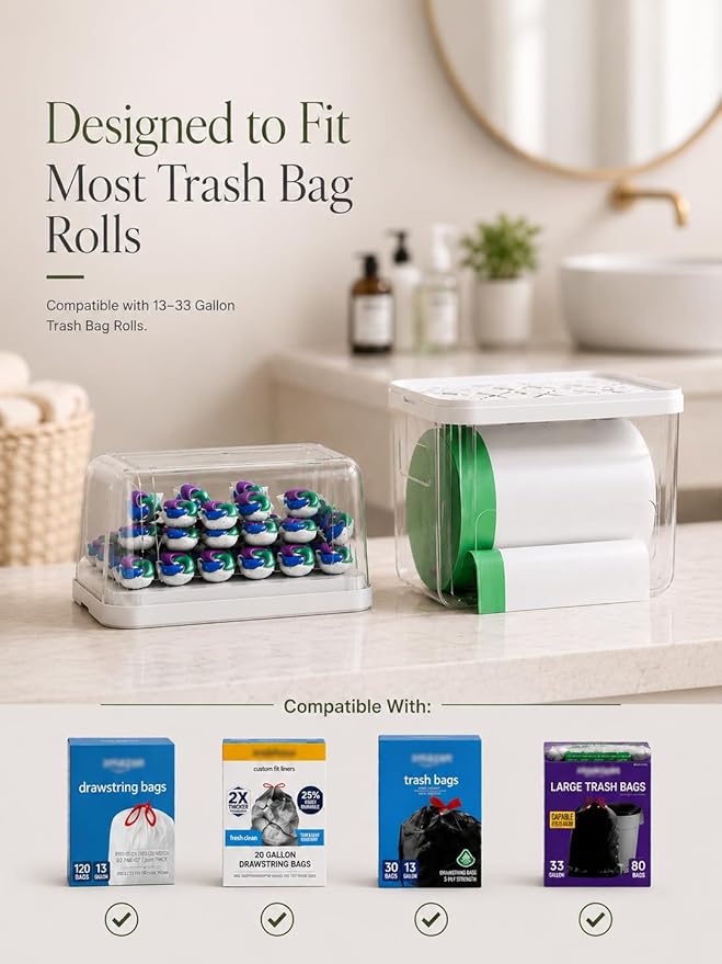 Trash Bag Dispenser & Dishwasher Pods Organizer, Clear Acrylic Garbage Bag Holder Under Sink Organizer With Removable Lid, Laundry Pods Container for Kitchen Pantry Laundry Room