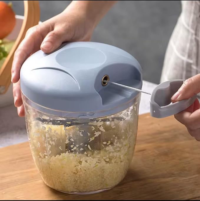 Manual Hand -Powered Food Chopper with Pull-Cord Mechanism – Compact Vegetable Cutter, Dicer & Mincer with Stainless Steel Blades – Ideal for Onions, Garlic, Herbs, Nuts & More – (GREY)