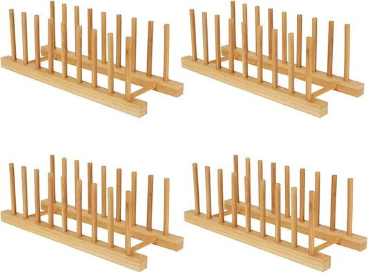 Bamboo Dish Drying Rack Kitchen Cabinet Organizer, Plate Pot Lid Organizer, 4PCS