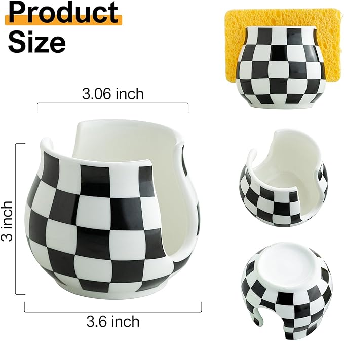 Zoeeker Checkered Sponge Holder for Kitchen Sink, Ceramic Dish Sponge Dish Rack Scrubby Holder Kitchen Organizer Cute Sink Caddy Organizer, Farmhouse Decor, Black and White
