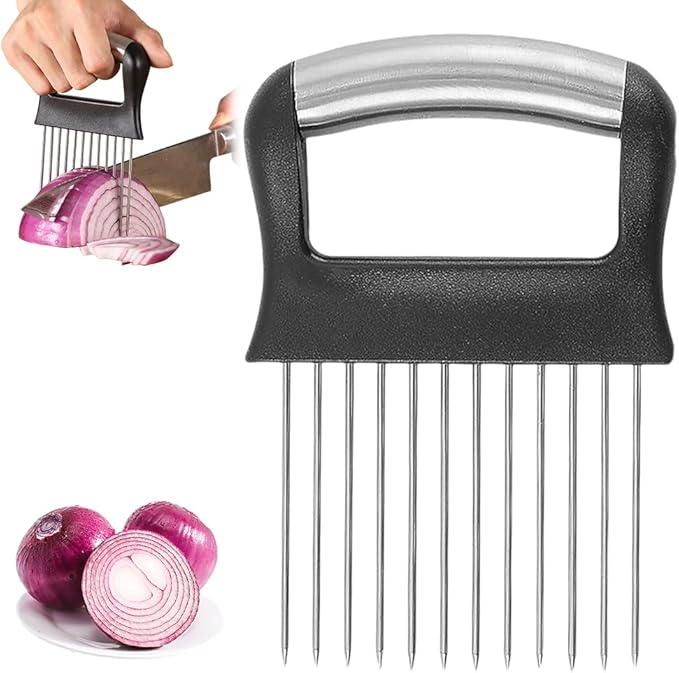 Onion Holder for Slicing, 2025 New Stainless Steel Onion Slice Holder Lemon Slicer Vegetable Cutter, Kitchen Chopper Slicing Assistant Tool for Meat, Onion, Potato, Tomato (A-1PCS)